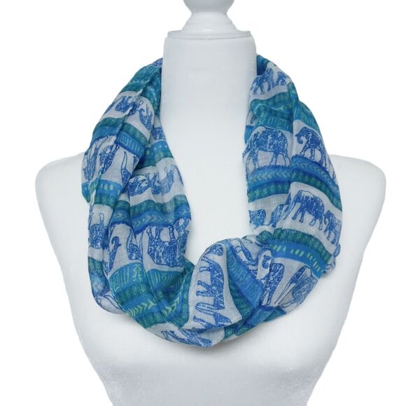 Womens Infinity Scarf Hijab Wrap Blue White Elephant Print Chevron Ikat 35x20 - Picture 10 of 10
